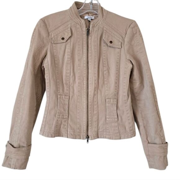 Cache Jackets & Blazers - CACHE Women's Vintage Moto Jacket Zip Up Size 6 Beige Y2K